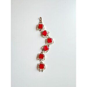 Vintage CORO Gold Tone Square Cherry Red Lucite Thermoset Link Bracelet